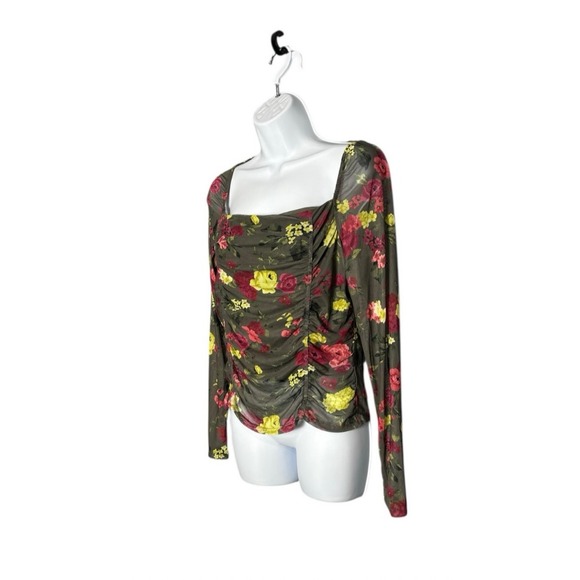 Bar III Women's Olive Green Floral Mesh‎ Square Neck Ruched Long Sleeve Top L - Picture 2 of 5
